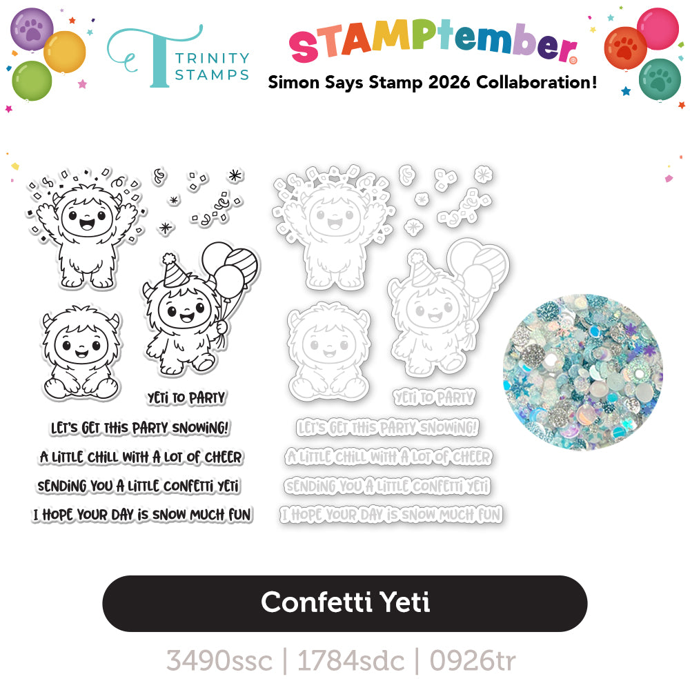 Trinity Stamps Confetti Yeti STAMPtember Exclusive Stamps Dies and Embellishment Mix