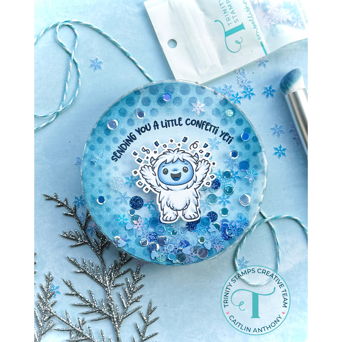 Trinity Stamps Confetti Yeti STAMPtember Exclusive Stamps Dies and Embellishment Mix Circular Shaker Card with Blue-faced Yeti