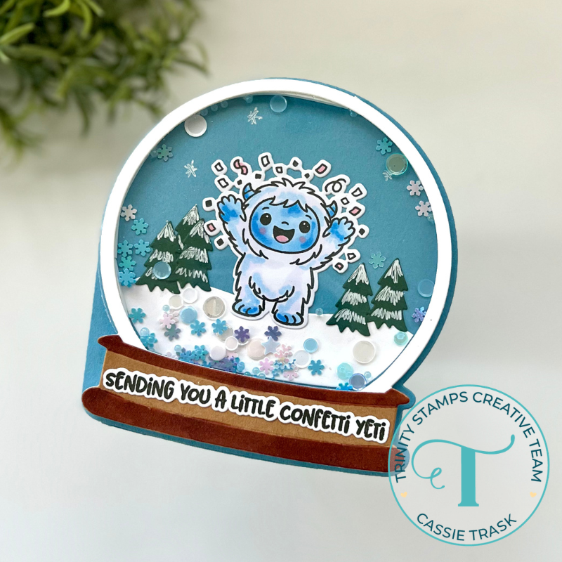 Trinity Stamps Confetti Yeti STAMPtember Exclusive Stamps Dies and Embellishment Mix Snow Globe Shaker Card with Cute Yeti