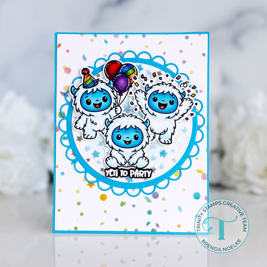 Trinity Stamps Confetti Yeti STAMPtember Exclusive Stamps Dies and Embellishment Mix Three Yetis with Blue Faces Card