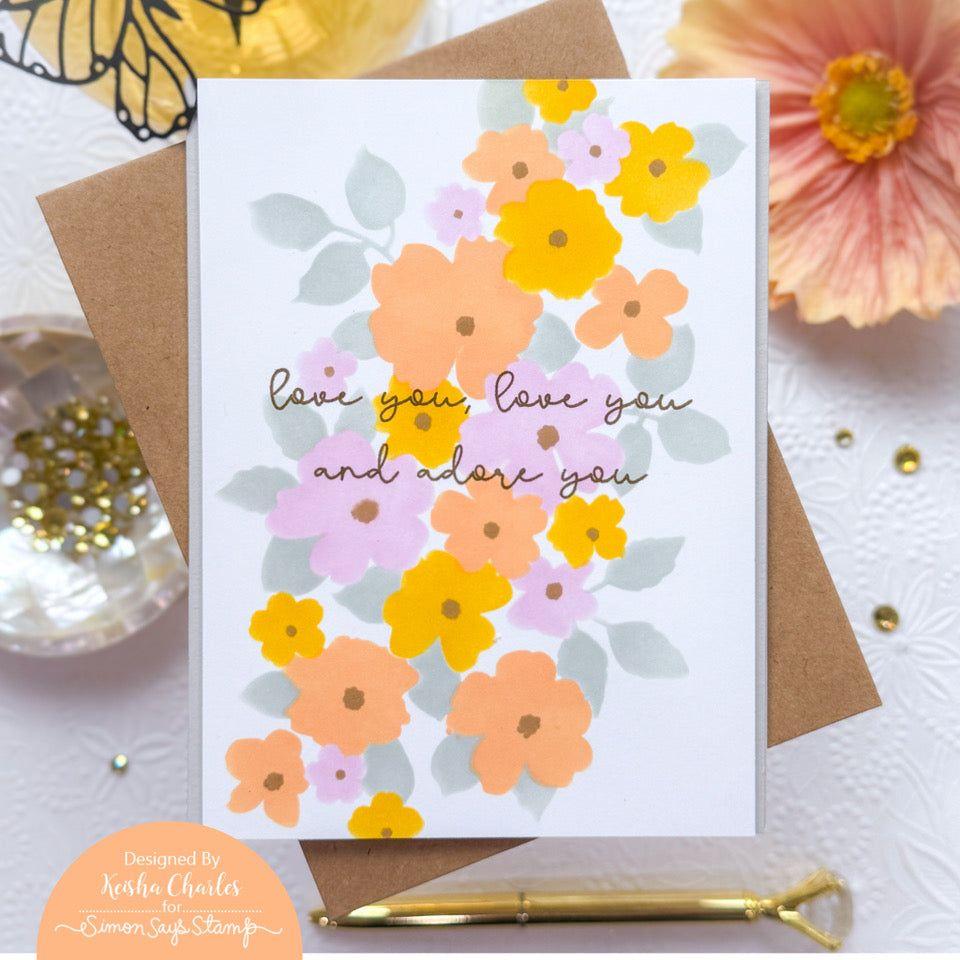 Simon Says Stamp Set of 5 Stencils Tumbling Flowers 1061stc To Love Love You Card