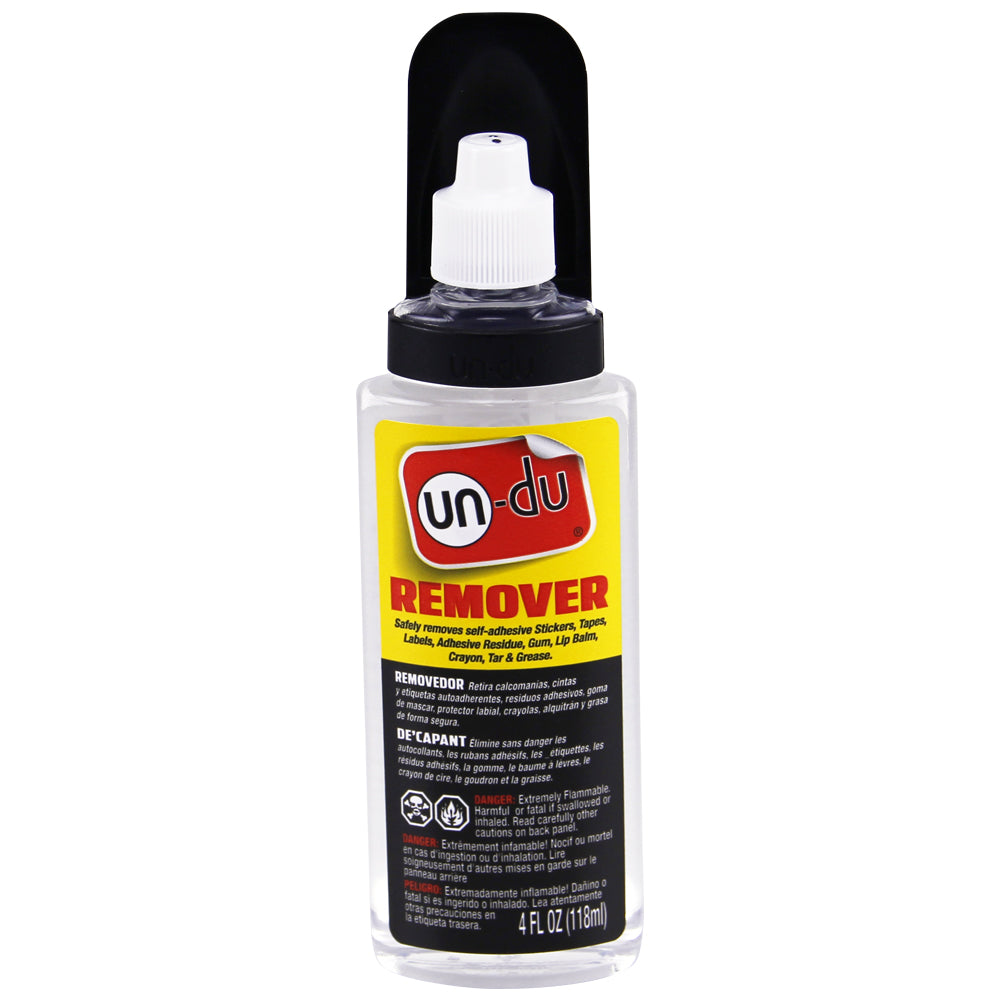 A bottle of Undu Remover adhesive sticker remover, 4 fl oz, featuring a yellow and black label with the red and white Undu logo, shown on a plain white background.
