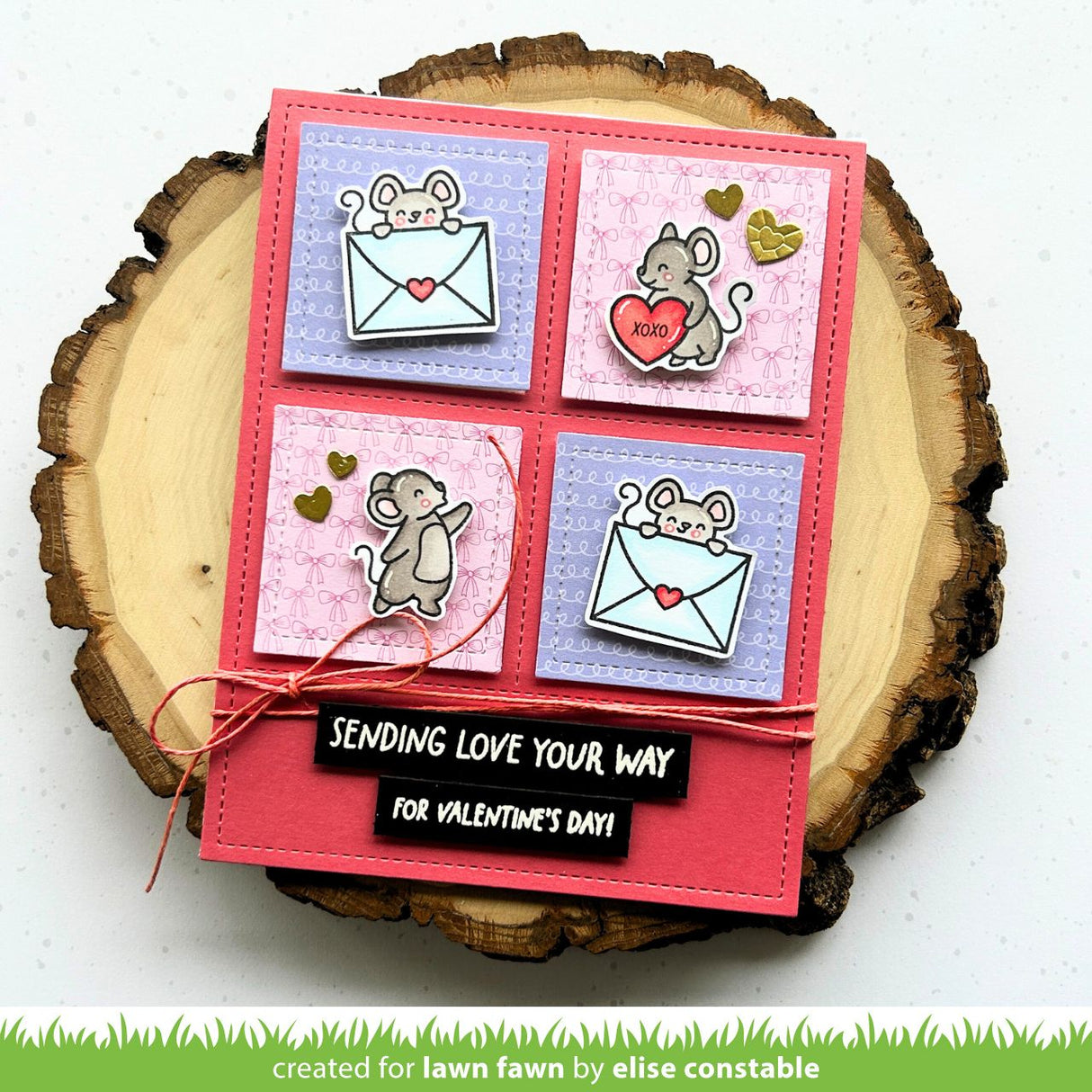 Valentine's Day card with cartoon animals and text on a wooden background