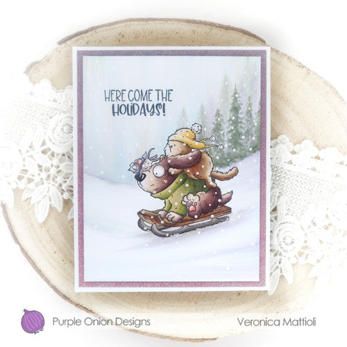 Purple Onion Designs Holiday Time Sentiments Cling Stamp pod9019 Christmas Sledding Card