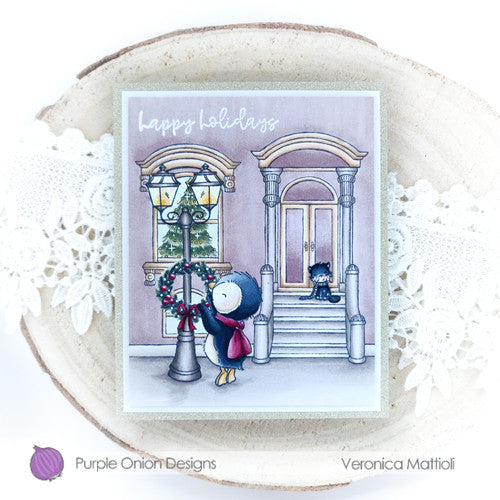 Purple Onion Designs Holiday Brownstone Cling Stamp pod1366 Holiday City Wreath Card