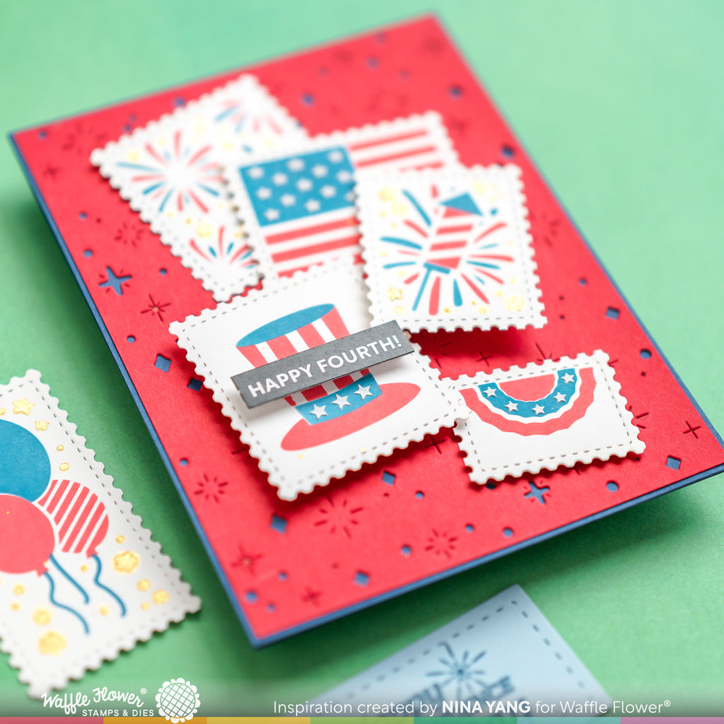 Waffle Flower Postage Collage 4th of July Stencil 421676 happy fourth