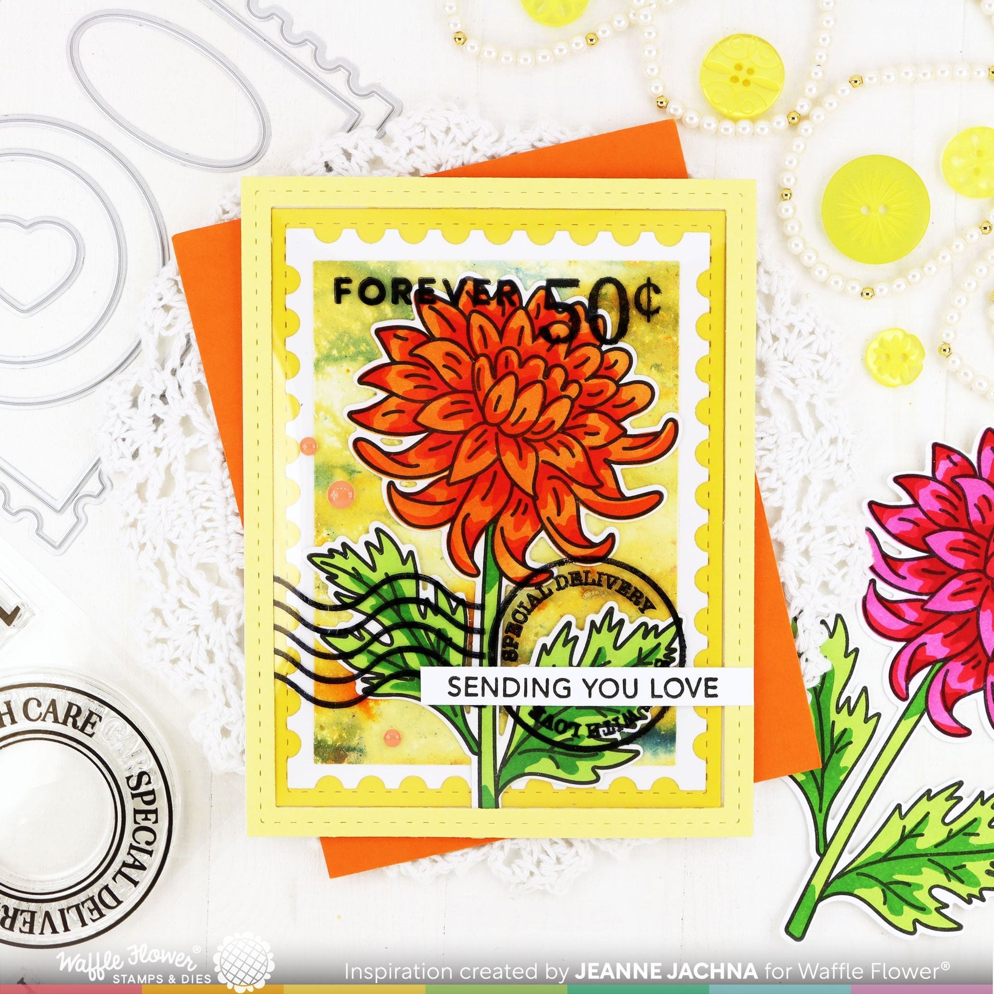 Waffle Flower Sketched Chrysanthemum Clear Stamps, Stencils, and Matching Die Set postage