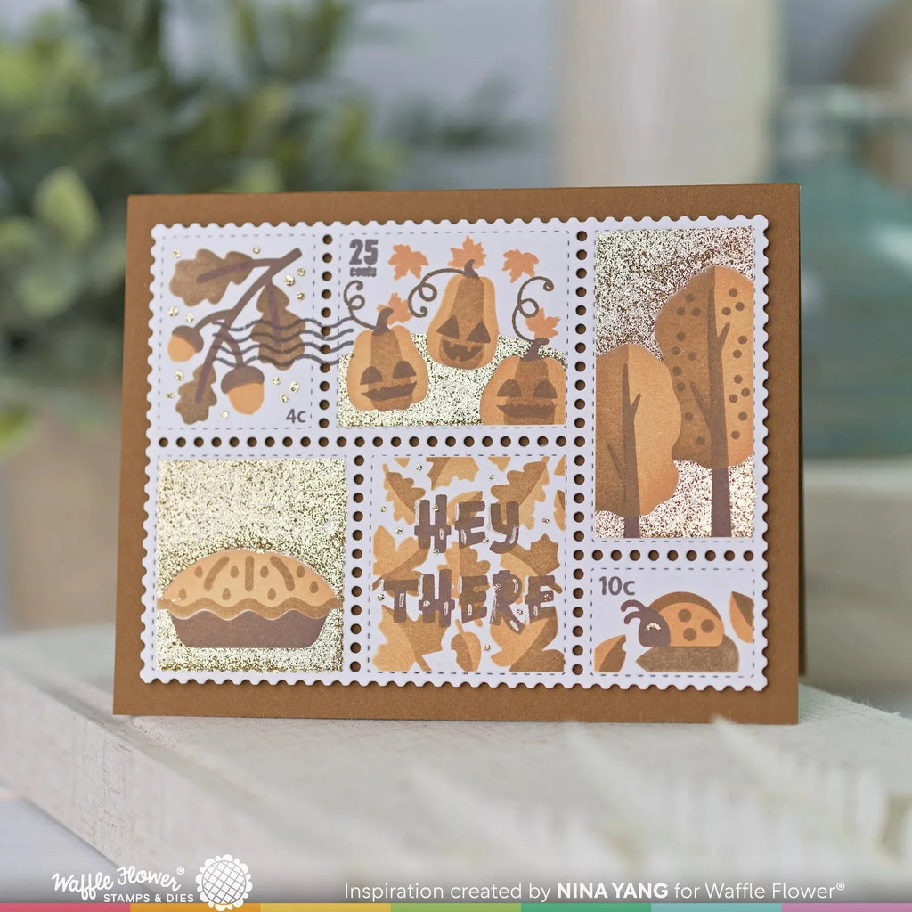 Waffle Flower Postage Collage Fall Stencil 421553 gold stamps