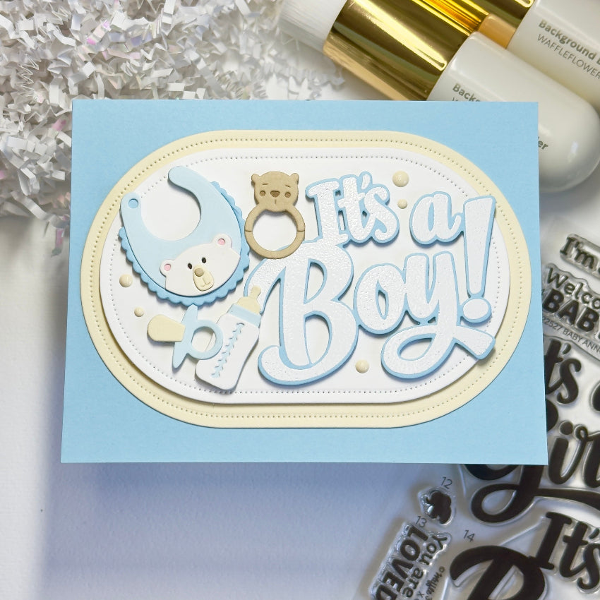 Waffle Flower A6 Piercing Elongated Ovals Dies 422505 it's a boy card