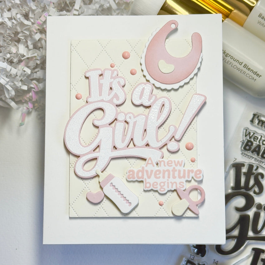 Waffle Flower Baby Announcement Sentiments Clear Stamp and Die Set a new adventure card
