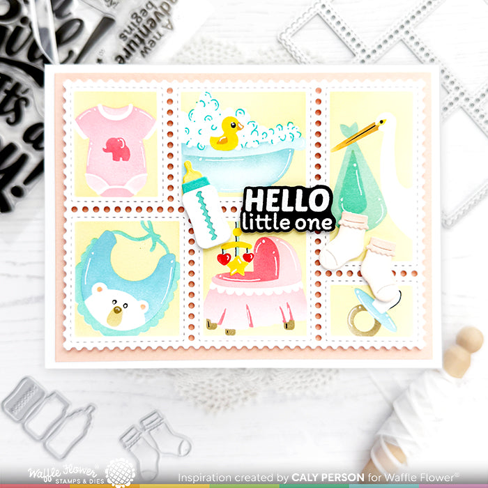 Waffle Flower Baby Announcement Sentiments Clear Stamp and Die Set hello little one card caly person | color-code:ALT01