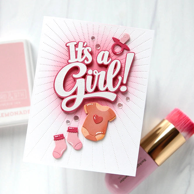 Waffle Flower Baby Announcement Sentiments Clear Stamp and Die Set pink booties it's a girl card cathy zielske | color-code:ALT02