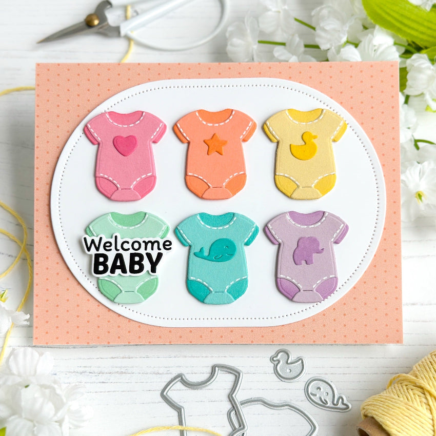 Waffle Flower Baby Announcement Sentiments Clear Stamp and Die Set rainbow onesies card