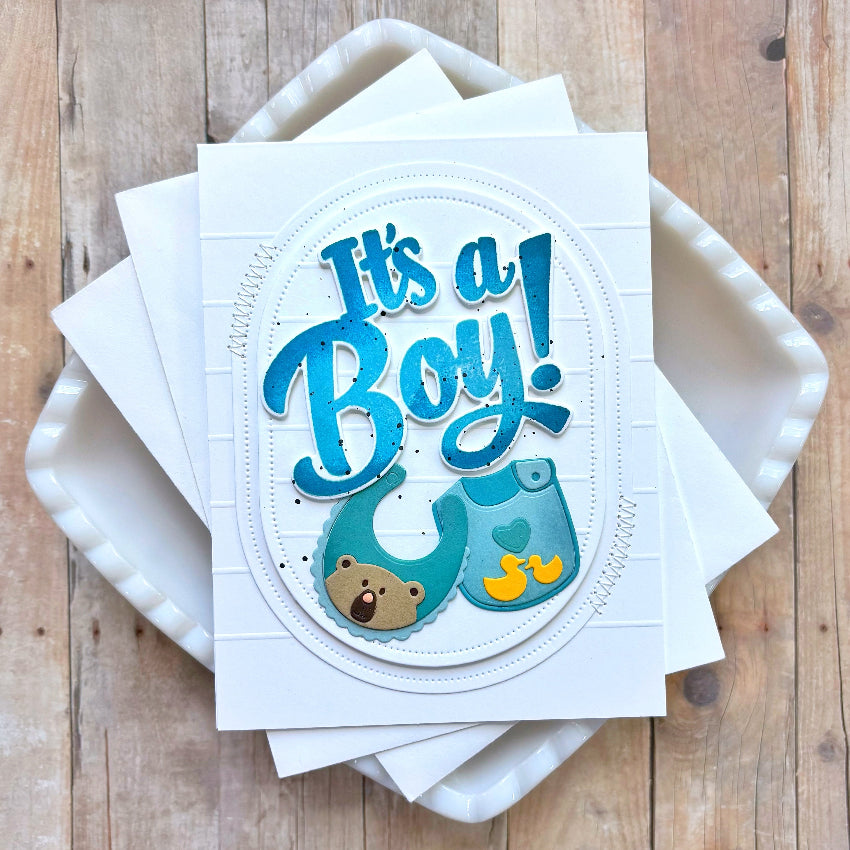 Waffle Flower Baby Announcement Sentiments Clear Stamp and Die Set white background it's a boy card