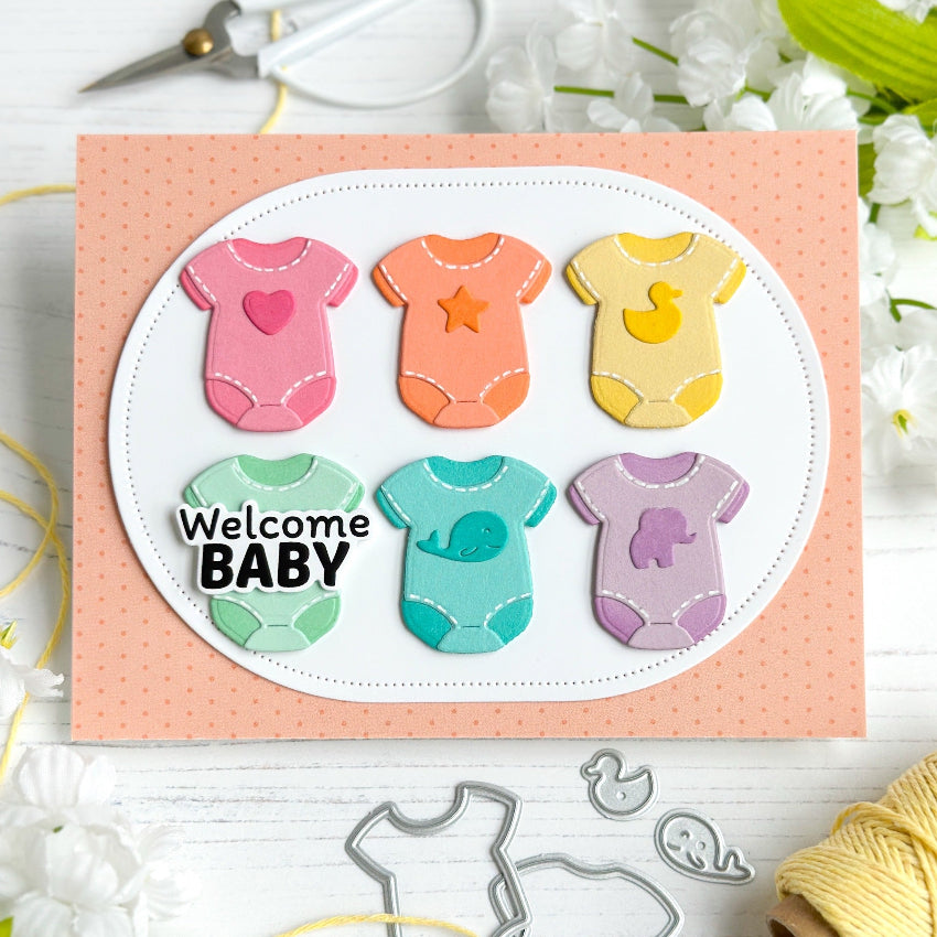 Waffle Flower Baby Announcement Sentiments Matching Dies 422528 polka dot background card