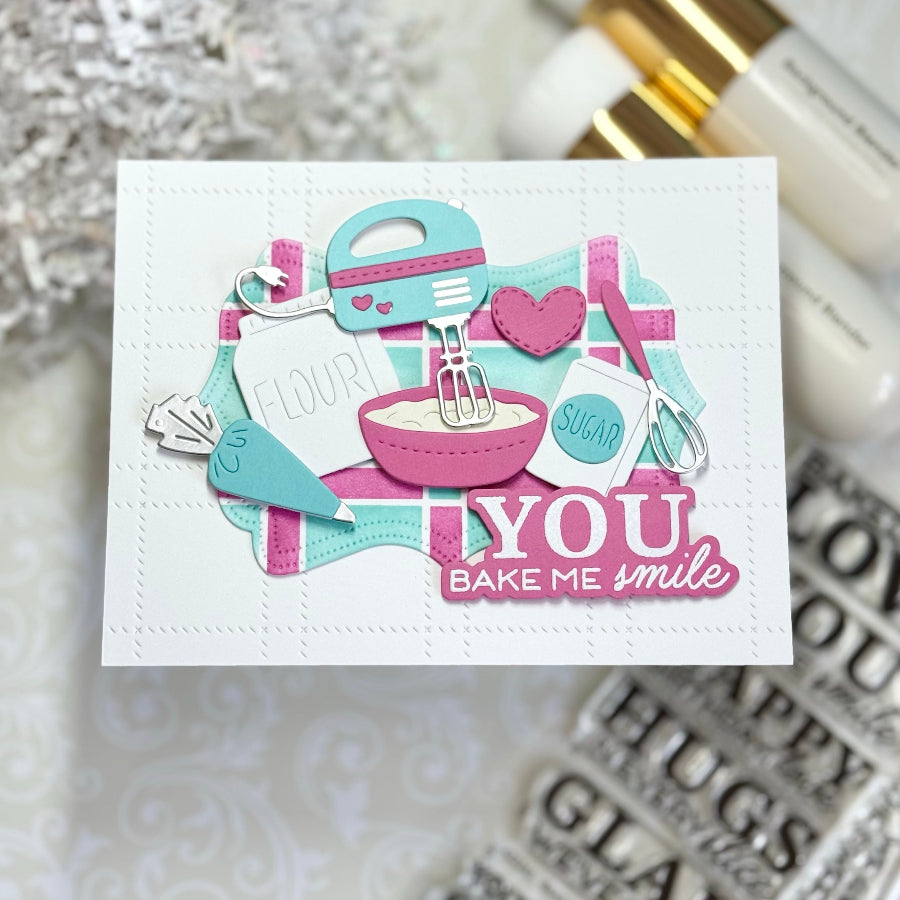 Waffle Flower Baked with Love Sentiments Matching Dies 422262 pink and blue