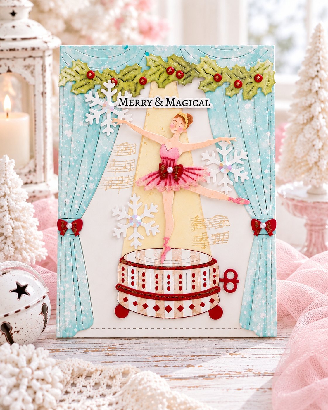 Waffle Flower Ballerina Music Box Dies 422614 blue curtains garland banner red dress snowflakes merry and magical card