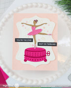 Waffle Flower Ballerina Music Box Dies 422614 pink dress music notes pink sequins you're a star card amanda rochaix