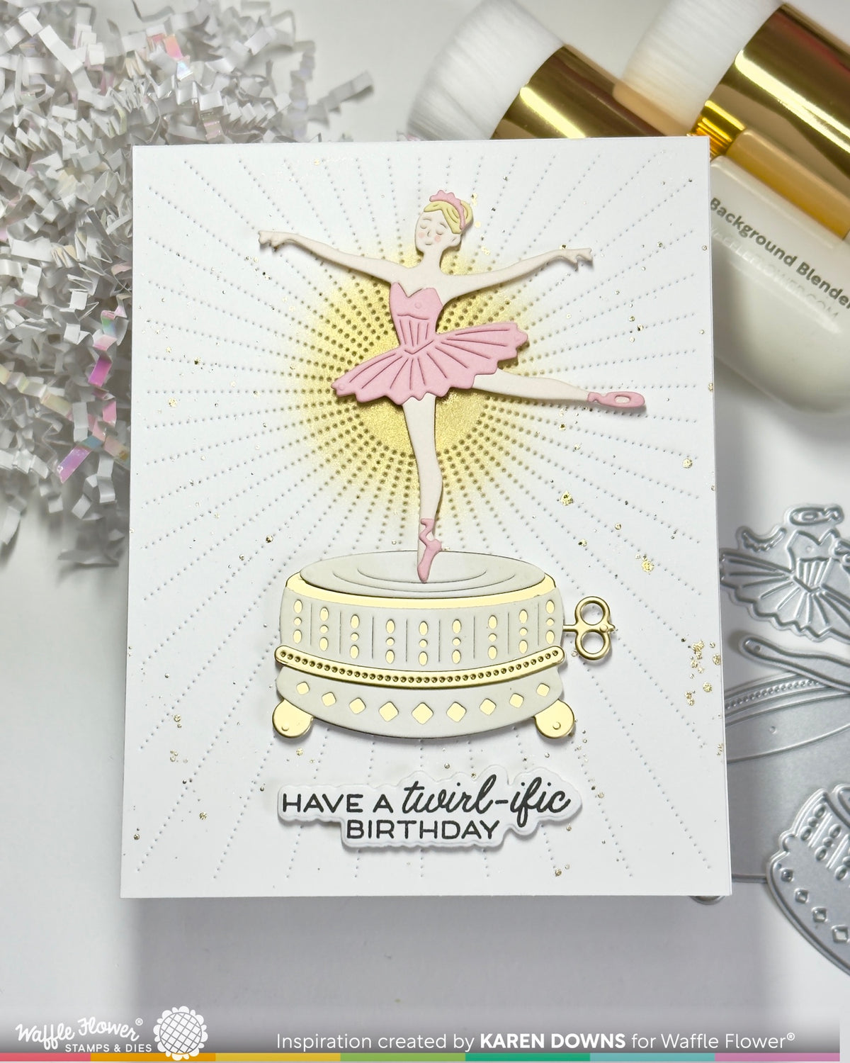 Waffle Flower Ballerina Music Box Dies 422614 white and gold stand pink dress happy birthday card karen downs