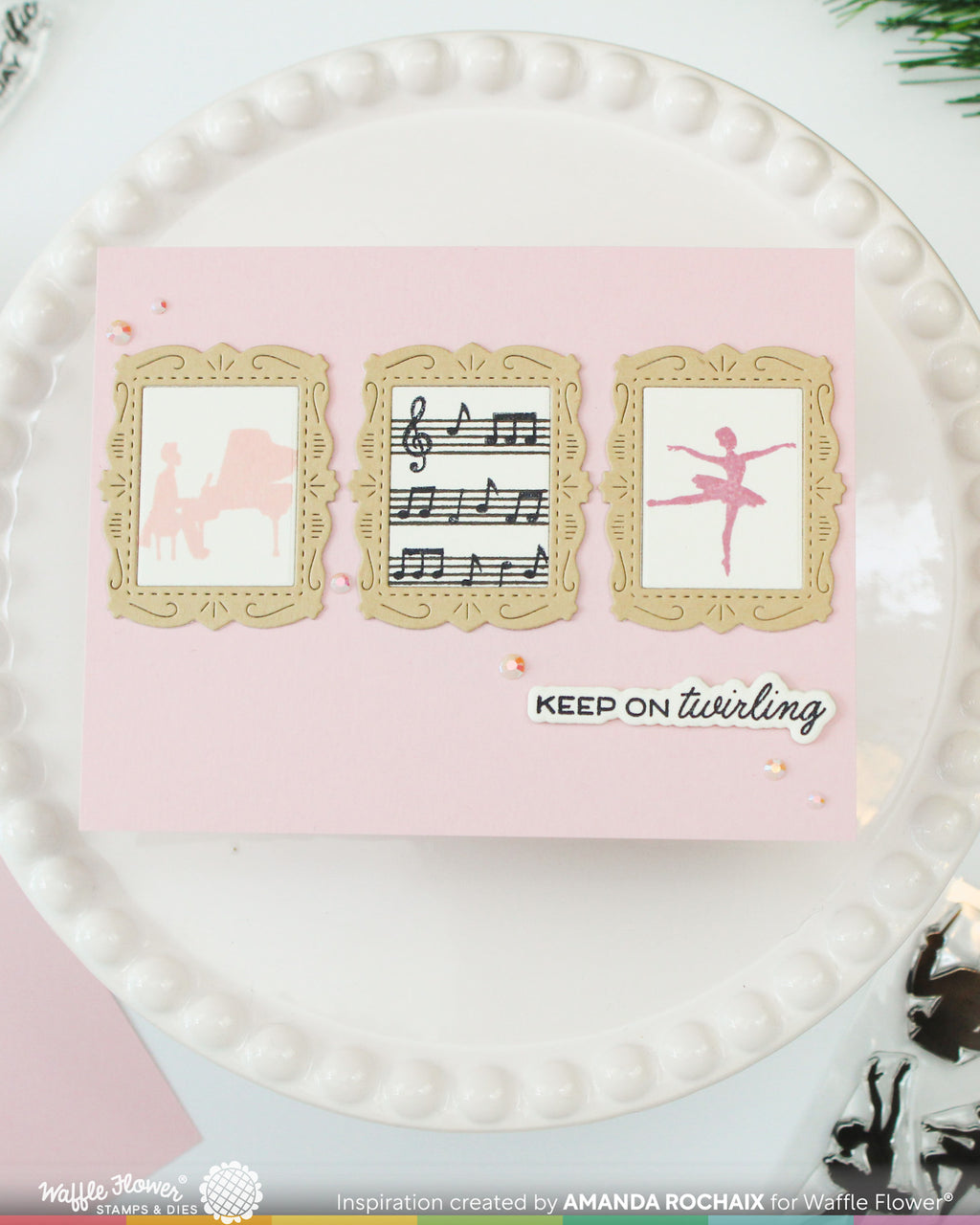 Waffle Flower Ballerina Sentiments Clear Stamp and Die Set music notes piano frames pink sequins keep on twirling card amanda rochaix