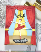Waffle Flower Ballerina Sentiments Clear Stamp and Die Set red dress red curtains black chandelier you're the star of my show card karen downs