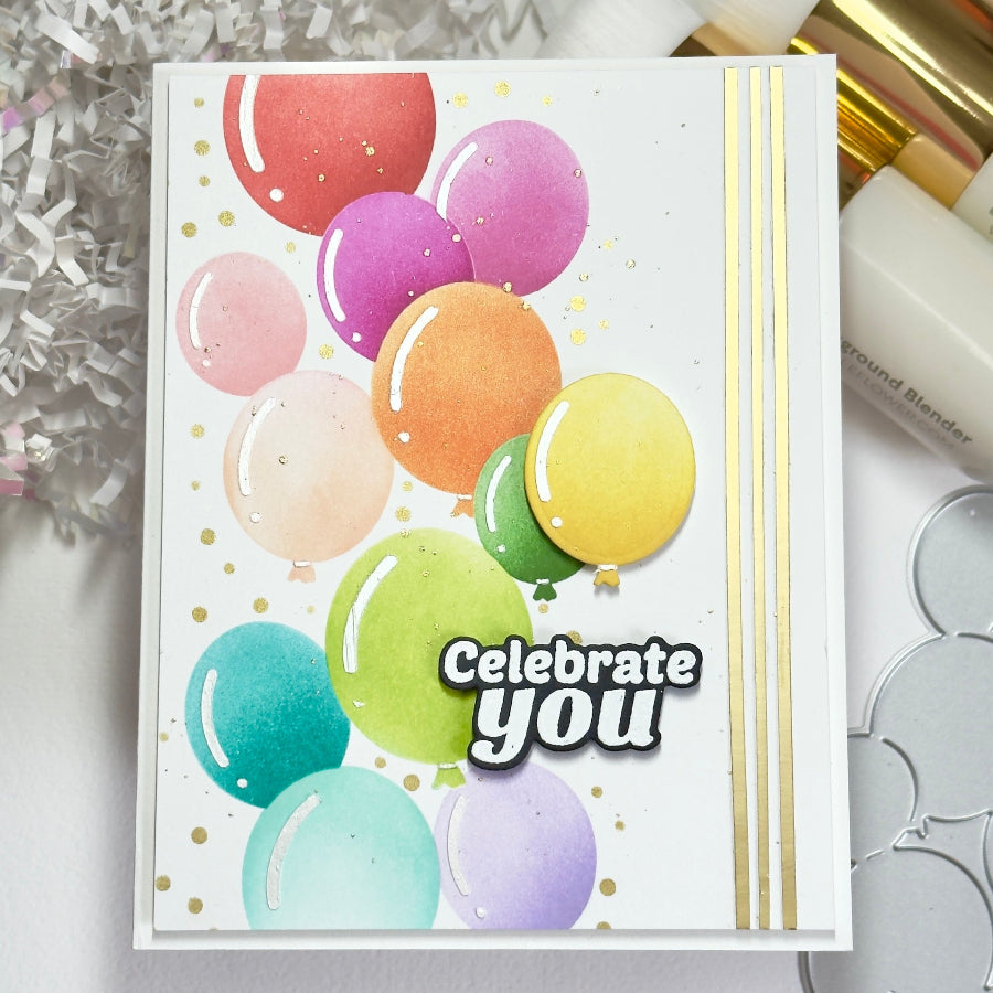 Waffle Flower Balloon Cluster Stencils 422569 celebrate you gold stripes card