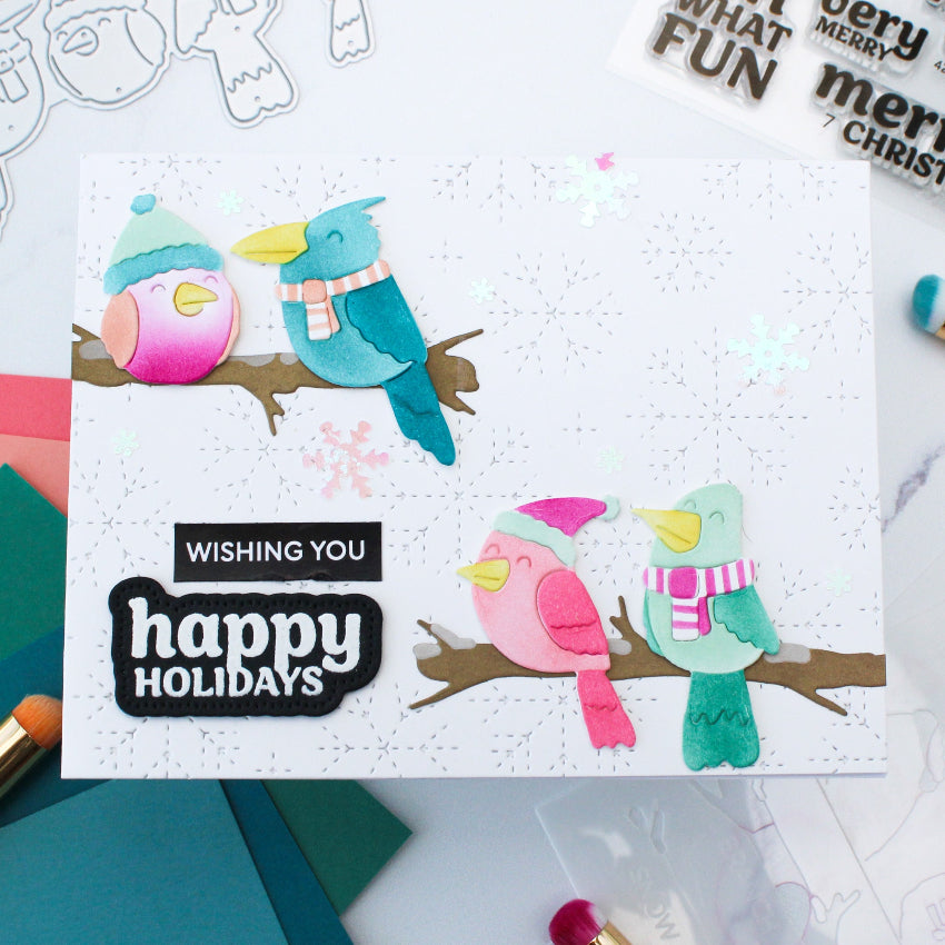 Waffle Flower Birdie Friends in Winter Die and Stencil Set happy holidays