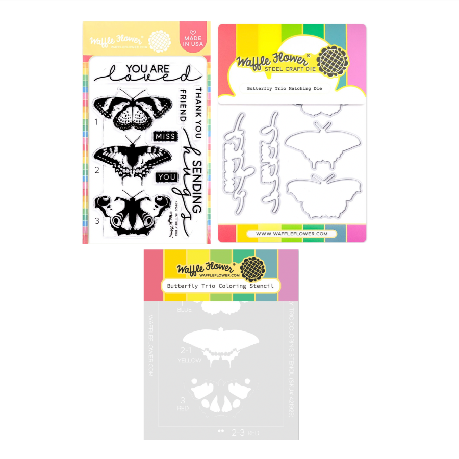 Waffle Flower Butterfly Trio Clear Stamp Die and Stencil Set