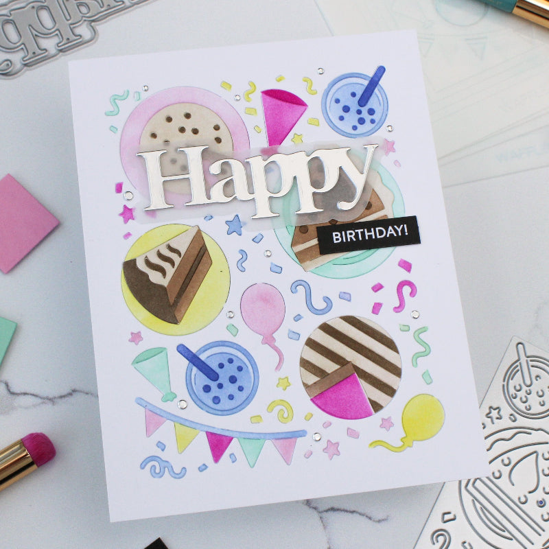 Waffle Flower Cake Time Die Stencil and Sepia Layers Stencil Set birthday