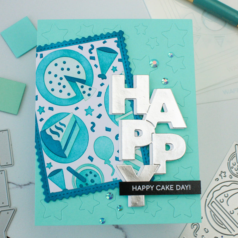 Waffle Flower Cake Time Die Stencil and Sepia Layers Stencil Set happy