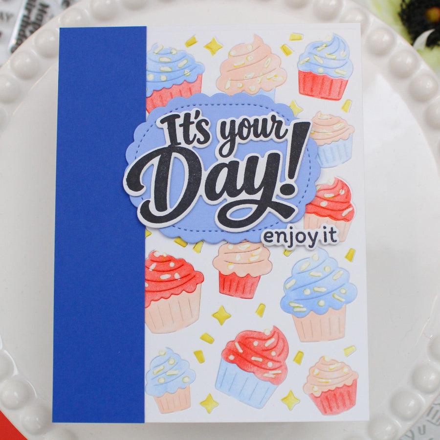 Waffle Flower Cupcake Background Coloring Stencil and Die Set it's your day card