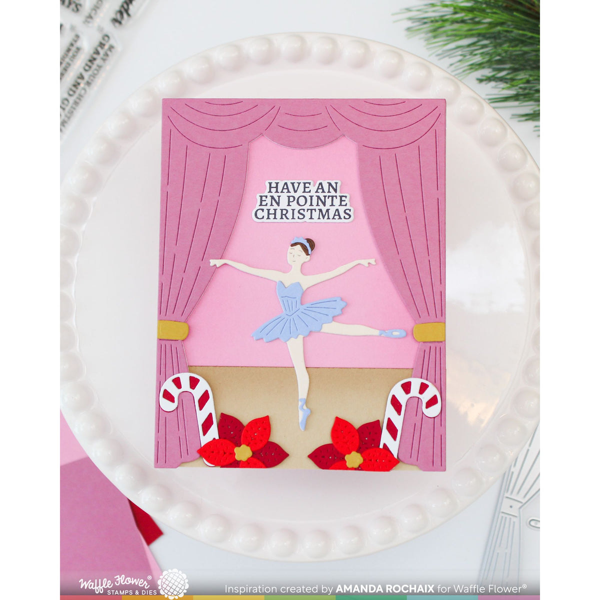 Waffle Flower Curtain Time Dies 422615 ballerina in blue dress candy canes red poinsettia flowers merry christmas card amanda rochaix