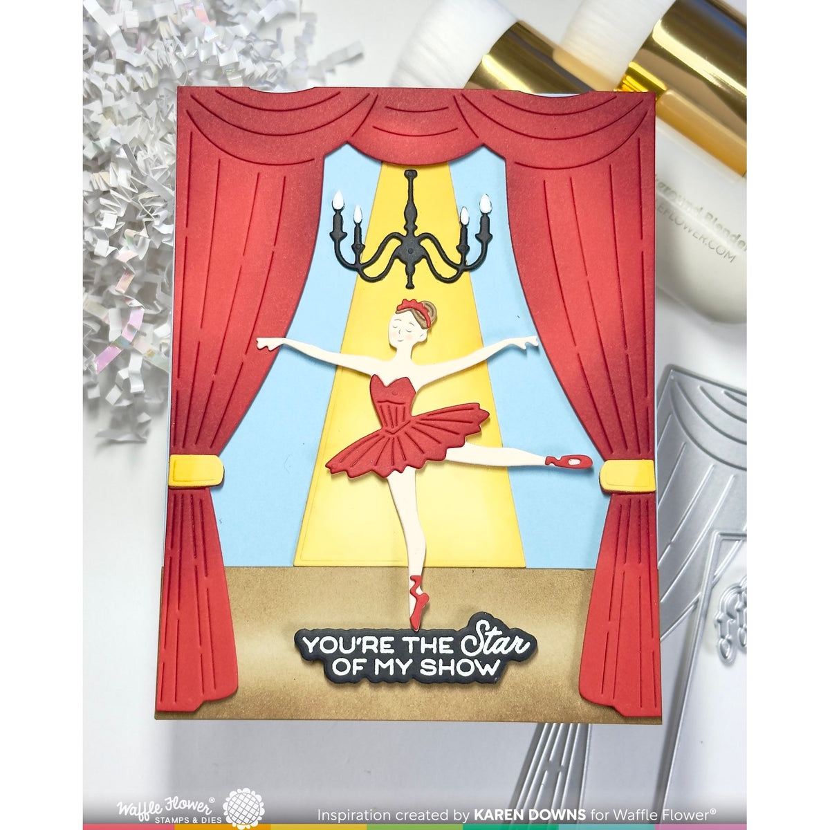 Waffle Flower Curtain Time Dies 422615 black chandelier red dress spotlight you're the star of my show card karen downs