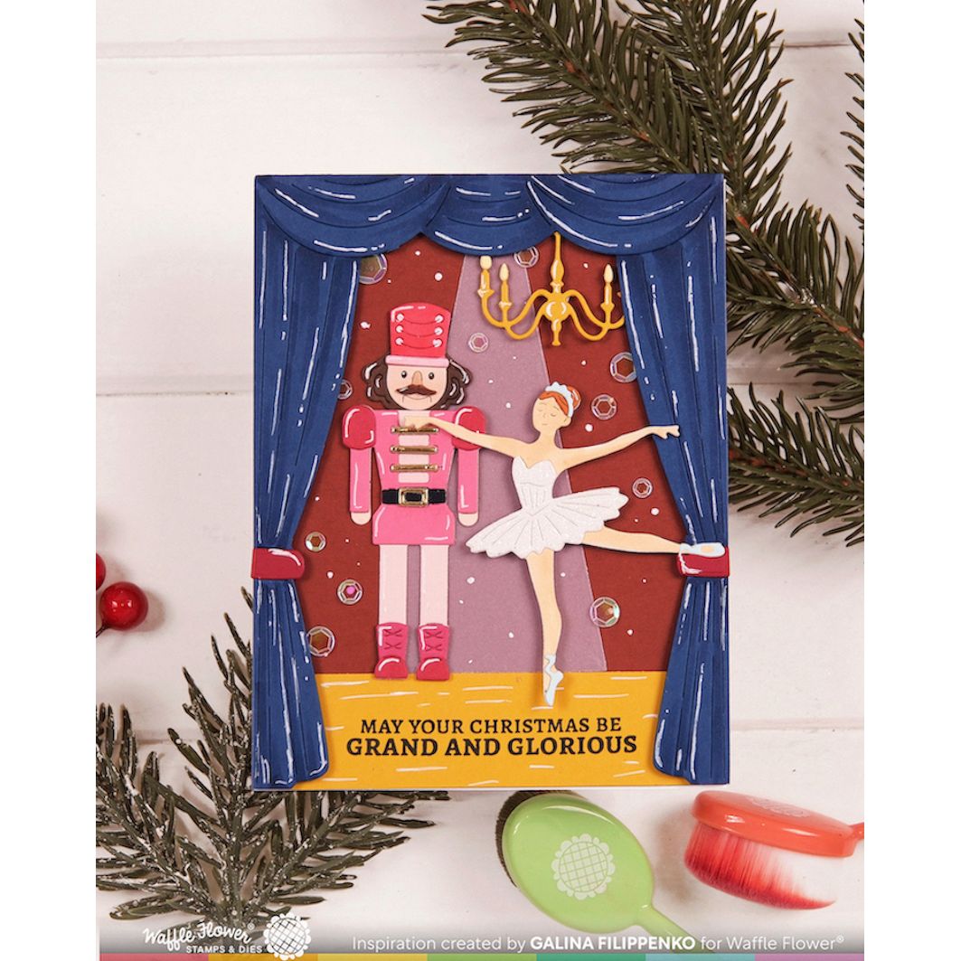 Waffle Flower Curtain Time Dies 422615 nutcracker chandelier ballerina in white dress christmas card galina filippenko 
