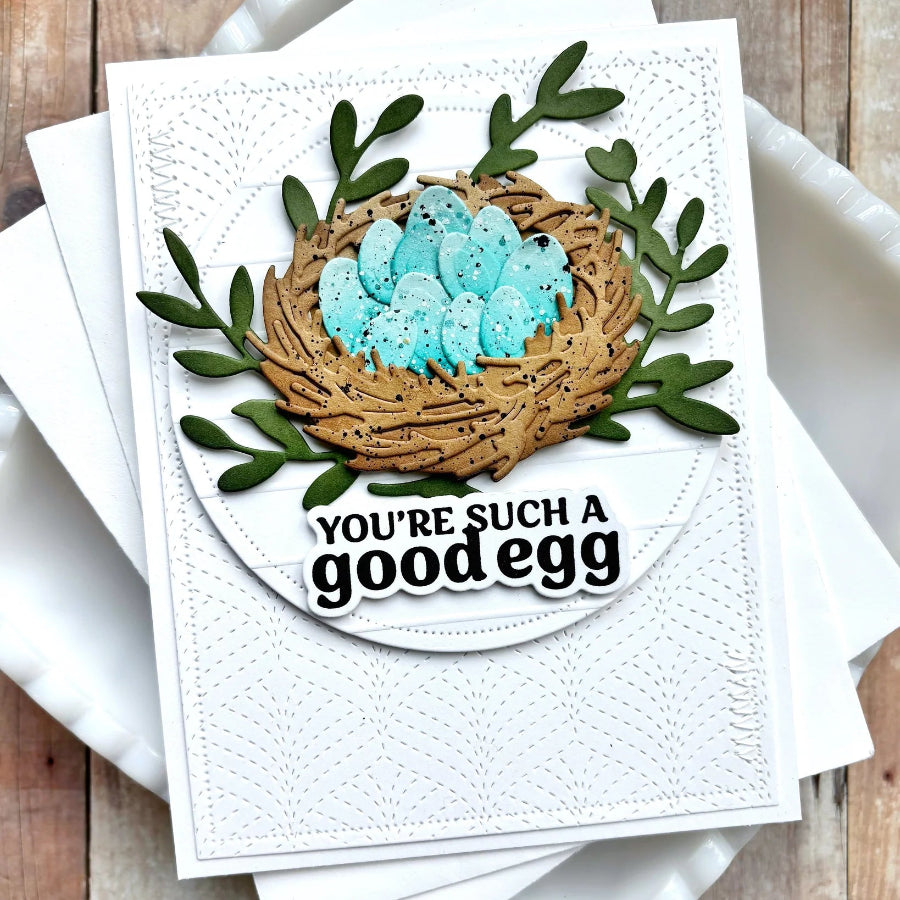Waffle Flower Egg Hunt Sentiments Clear Stamp and Die Set bird nest
