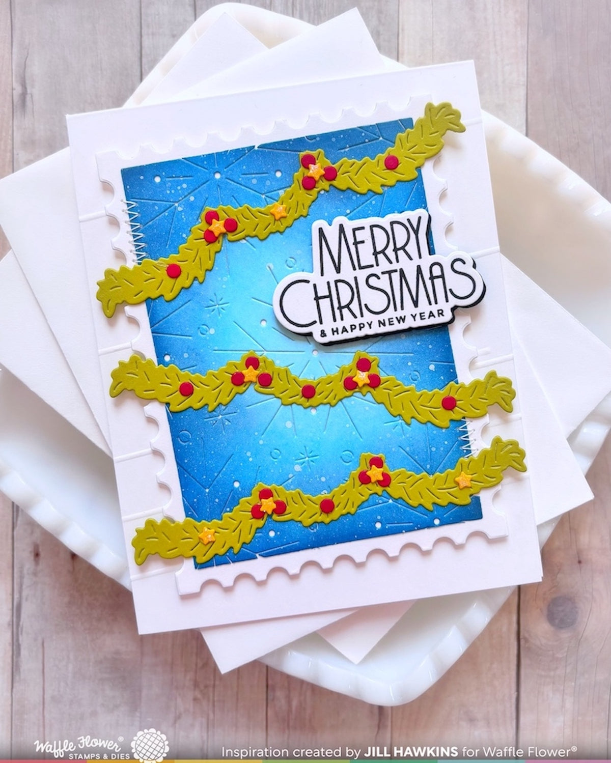 Waffle Flower Grand Piano Garland Dies 422725 berries yellow stars blue snowflake background merry christmas card jill hawkins
