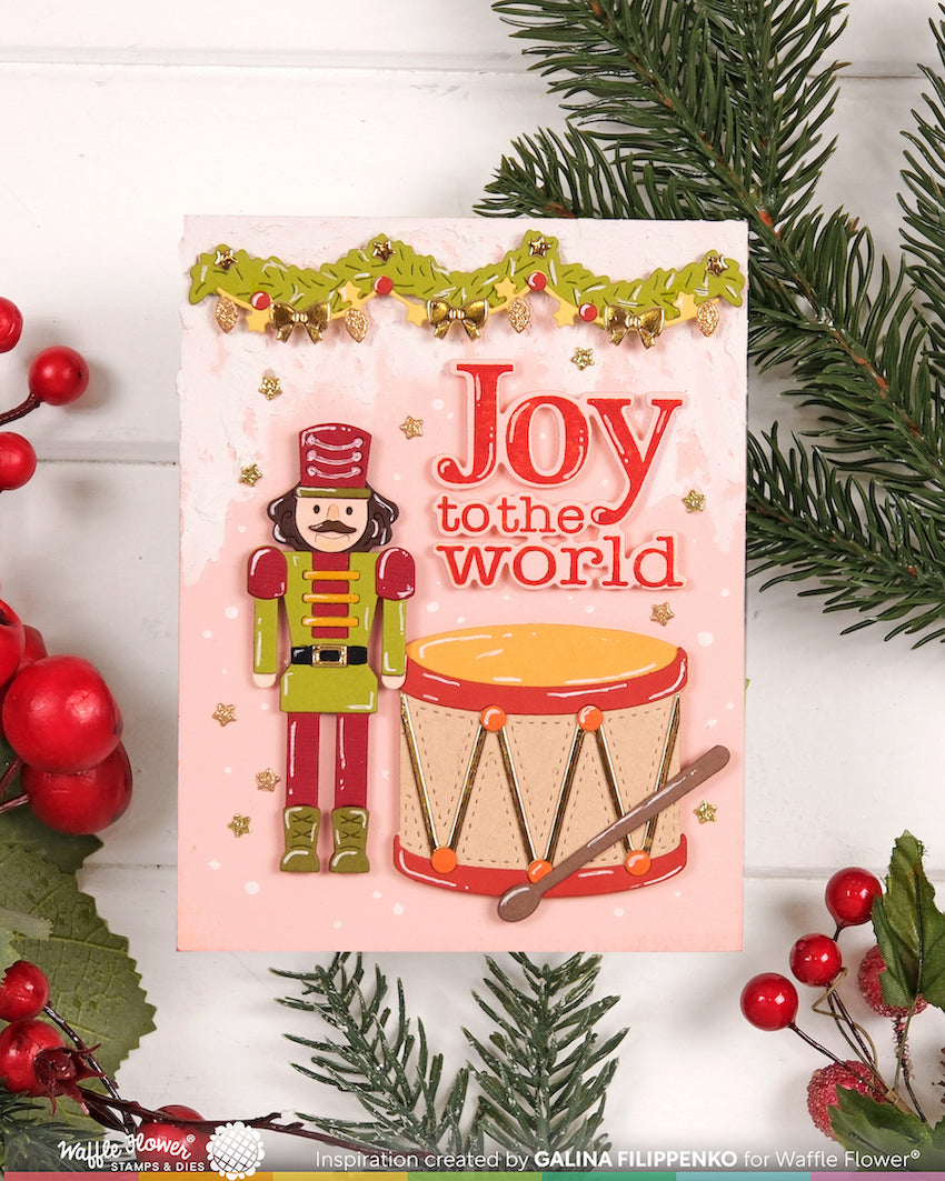 Waffle Flower Grand Piano Garland Dies 422725 gold bows drum red and green nutcracker joy to the world card galina filippenko