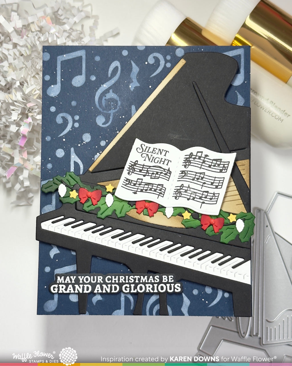 Waffle Flower Grand Piano and Grand Piano Garland Die Set music notes red bows christmas card karen downs