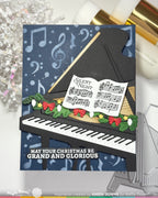 Waffle Flower Grand Piano and Grand Piano Garland Die Set music notes red bows christmas card karen downs