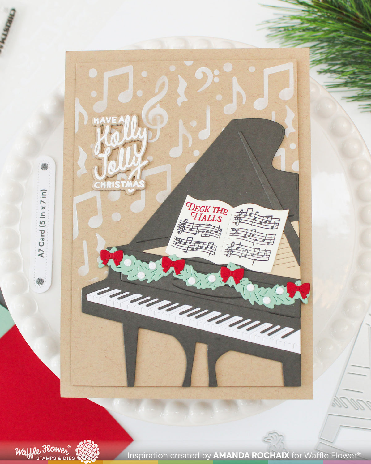 Waffle Flower Grand Piano and Grand Piano Garland Die Set red bows deck the halls sheet music holly jolly card amanda rochaix
