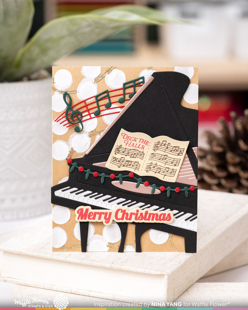 Waffle Flower Grand Piano and Grand Piano Garland Die Set sheet music white circle dots deck merry christmas card nina yang