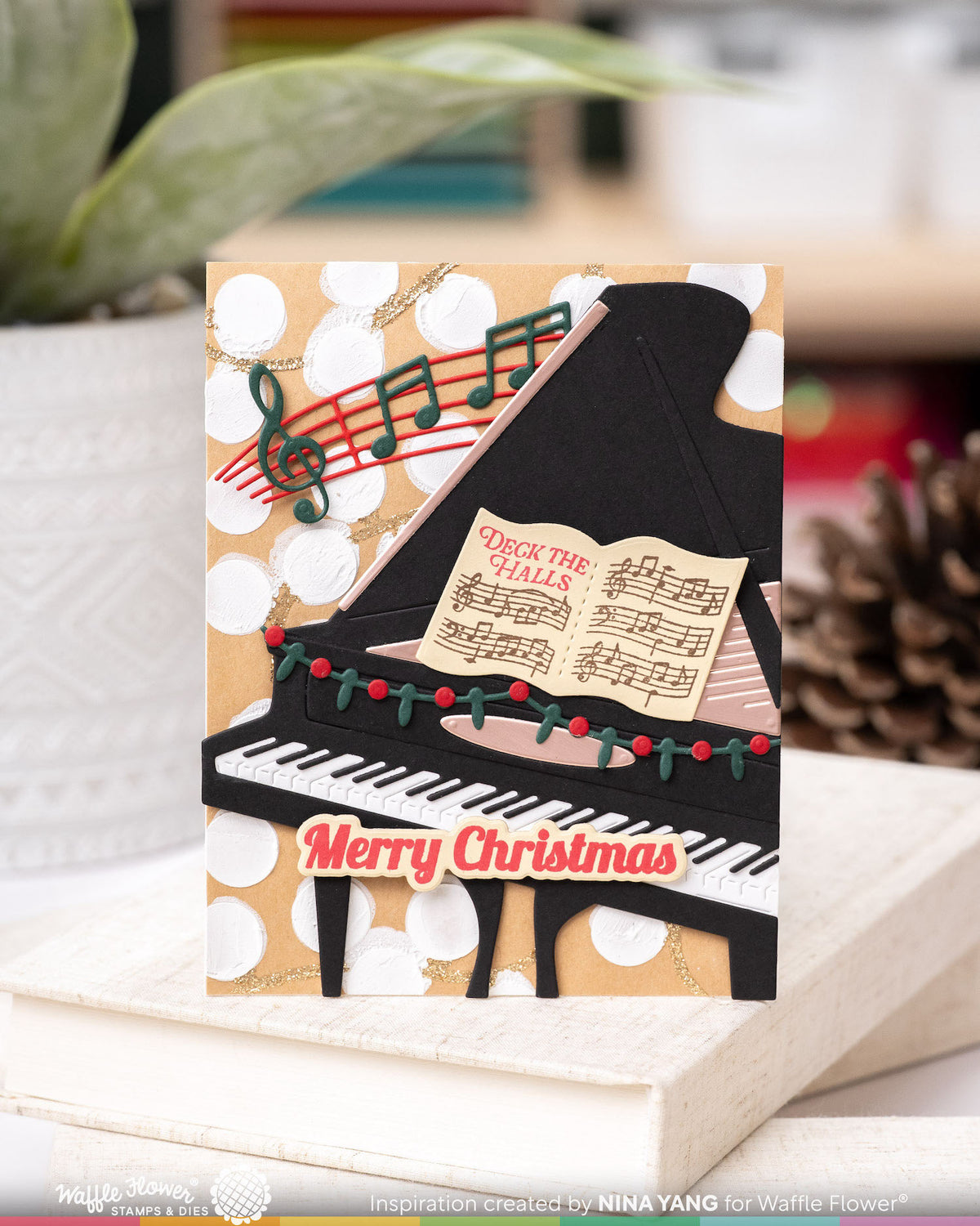 Waffle Flower Grand Piano and Grand Piano Garland Die Set sheet music white circle dots deck merry christmas card nina yang