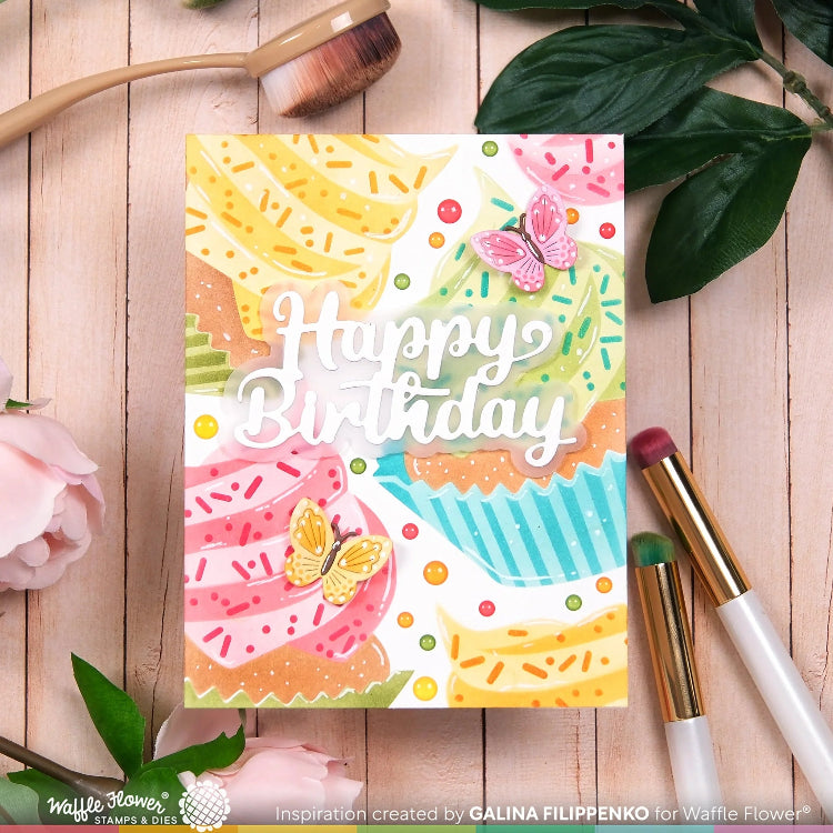 Waffle Flower Happy Birthday Script Word Dies 421970 butterflies