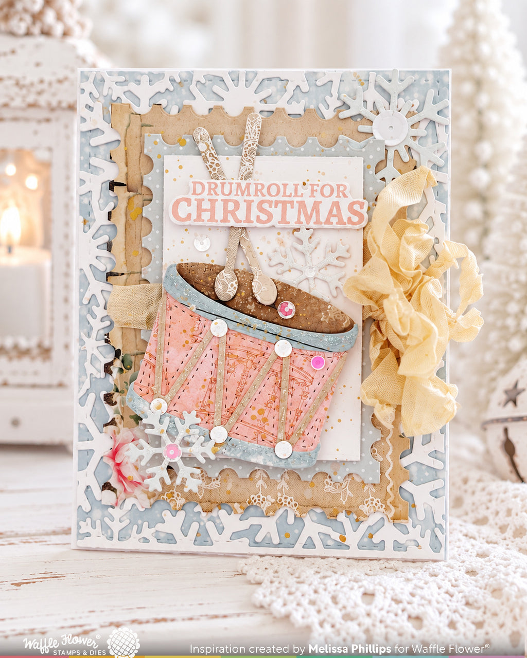 Waffle Flower Happy Drum Dies 422730 pink sequins snowflakes drumroll for christmas card melissa philips