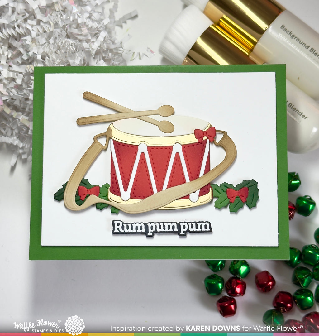 Waffle Flower Happy Drum Dies 422730 red bows garland rum pum pum card karen downs