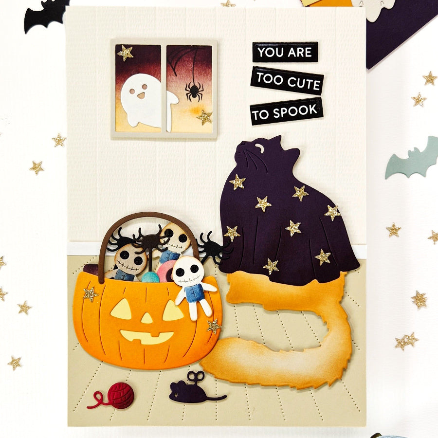 Waffle Flower Happy Haunting Cat and Cat Silhouette Die Set gold stars voodoo card