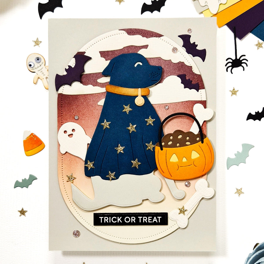 Waffle Flower Happy Haunting Dog and Dog Silhouette Die Set gold stars card