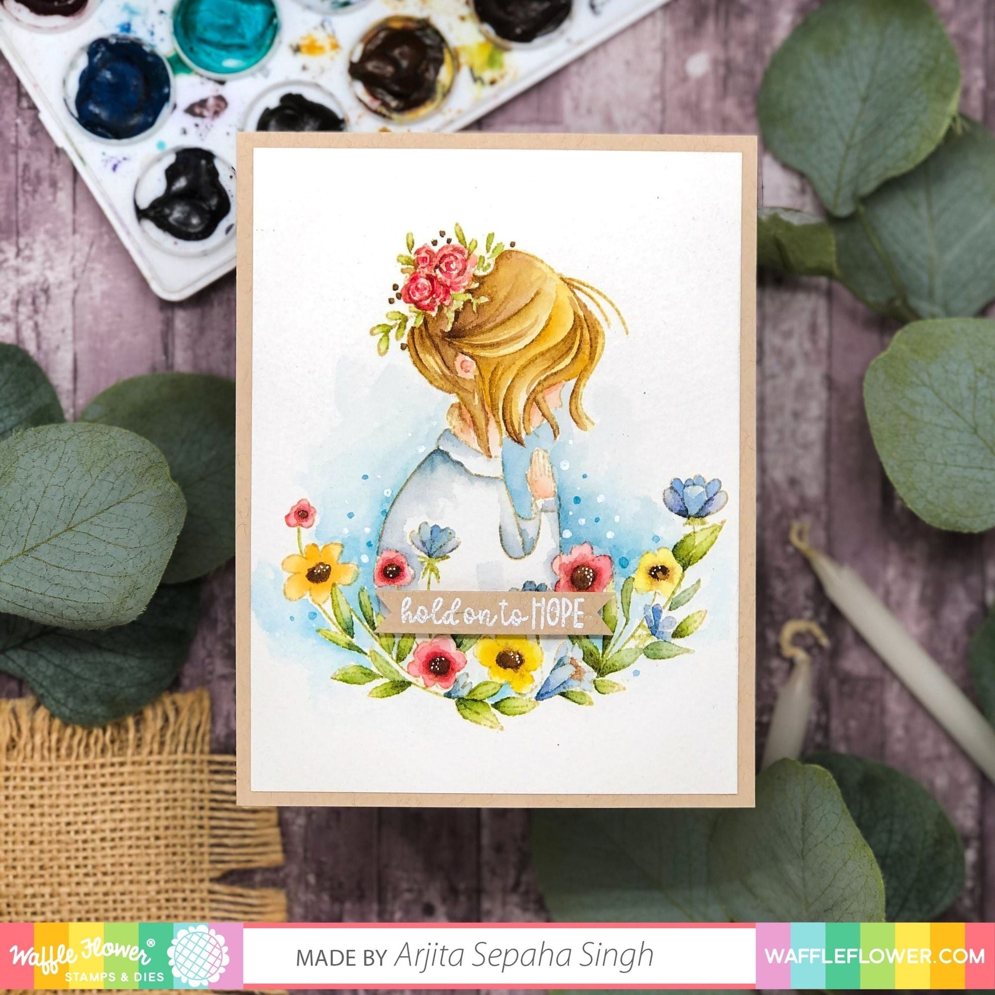 Waffle Flower Hopeful Girl Clear Stamp and Die Set watercolor