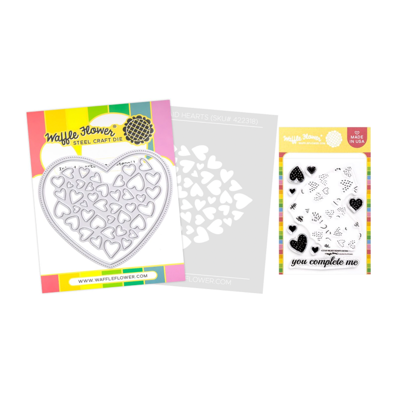 Waffle Flower Inlaid Hearts Die-n-stencil and Inlaid Hearts Detail Clear Stamp Set