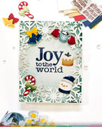 Waffle Flower Joy Sentiments Clear Stamp and Die Set bells candy cane snowman mittens card marge y